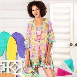 Matilda Jane Multicolor Adventure Begins Capeside Pom Pom Trim Swim Coverup Sz S